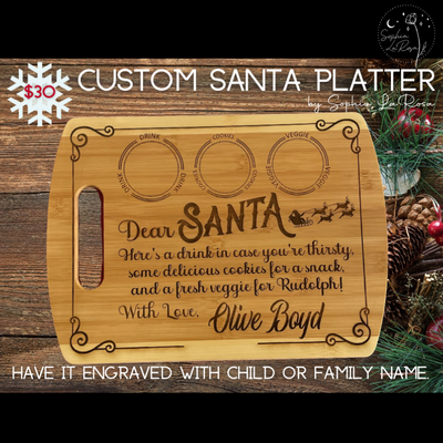 A custom laser engraved cutting board with a note to santa for christmas eve cookies and milk