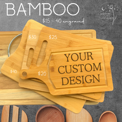 A mockup of custom laser engraved bamboo cutting boards.