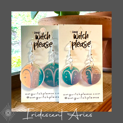 Round Iridescent Acrylic Earrings with an astrological symbol for Aries on a business card that says OMG Witch Please