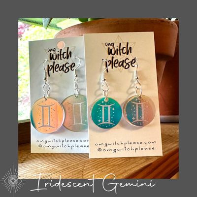 Round Iridescent Acrylic Earrings with an astrological symbol for Gemini on a business card that says OMG Witch Please