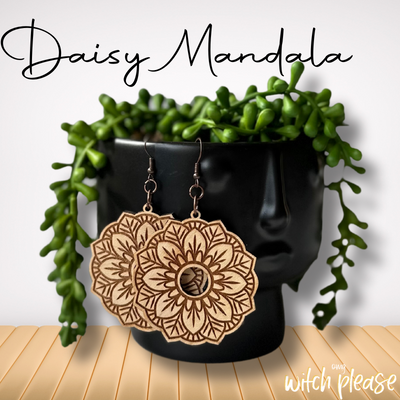 Laser-cut wooden earrings with a daisy mandala design
