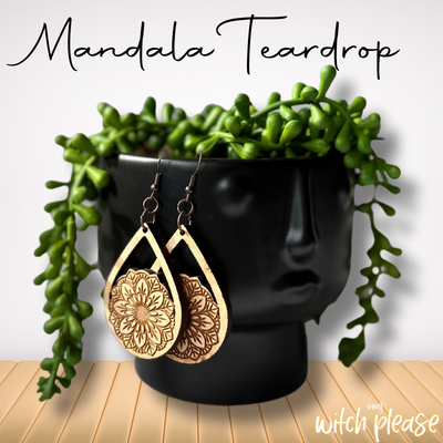 Laser-cut wooden earrings with a mandala teardrop design