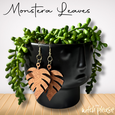 Laser-cut wooden earrings with a Monstera Leaf Leaves design