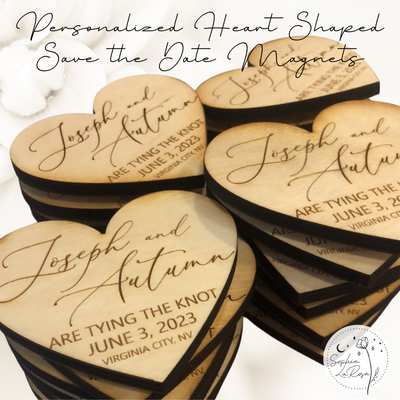 stacks of heart shaped wooden save the date magnets that say Joseph and Autumn are tying the knot june 3, 2023 virginia city, nv