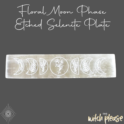 Selenite bar that is etched with a moon phase with intricate floral details