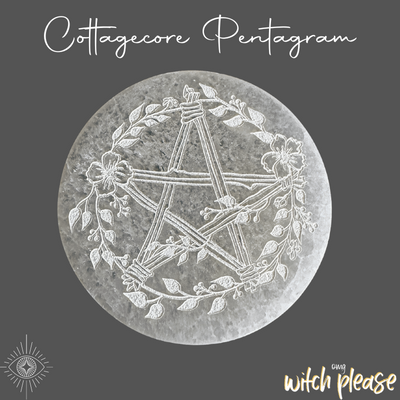 Selenite Charging Plate with a Cottagecore Pentagram design laser engraved in it