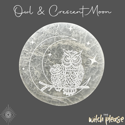A round selenite plate etched with a design of owls sitting on a branch with a crescent moon behind them