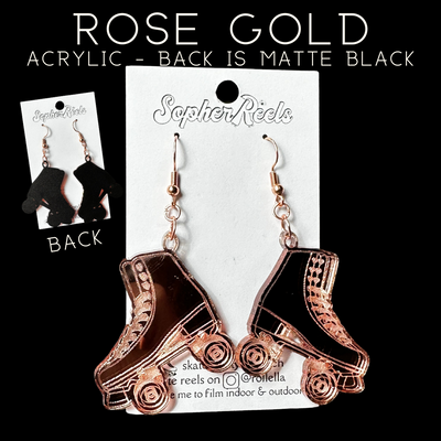 Rose gold metallic acrylic earrings shaped like rollerskates