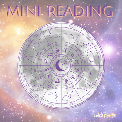 A graphic titled Mini Reading with an image of an astrological wheel over a moon against a cosmic sky