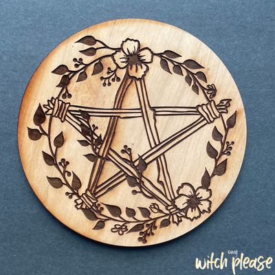 Wood crystal grid featuring a laser engraved pentagram with cottagecore vibe