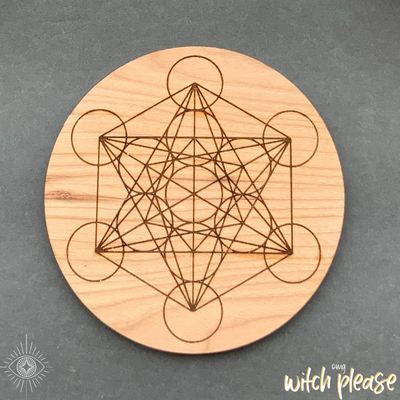 Crystal Grid Base on Cherry Wood with a Metatron's Cube laser engraved in it