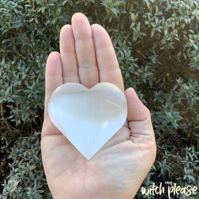 Heart shaped carved Selenite crystal palm stone