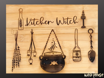 Cutting Board with the words Kitchen Witch engraced on it, with illustrations like a cauldron, spoons, candles and herbs