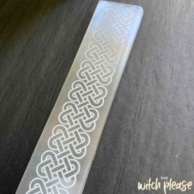 Rectangular Selenite Plate with a celtic braid engraved in it