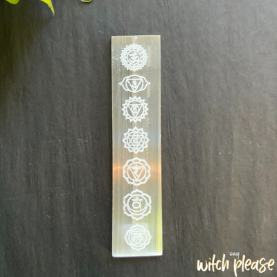 Rectangular Selenite Plate engraved with symbols of the seven chakras