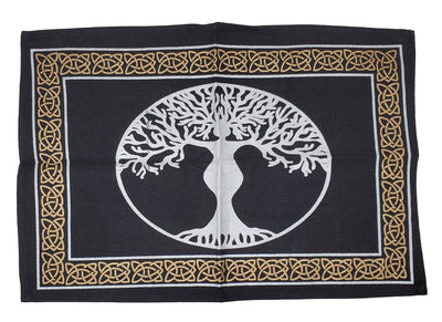 This is a Tree Goddess painted in Silver with a celtic knot border on a heavy back cotton., 13 inches by 19 inches.
