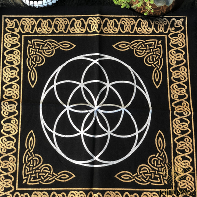 Altar cloth made of cotton with a gold and silver seed of life and celtic border motif