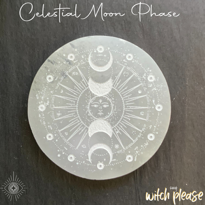Selenite round plate engraved with celestial scene and moon phase
