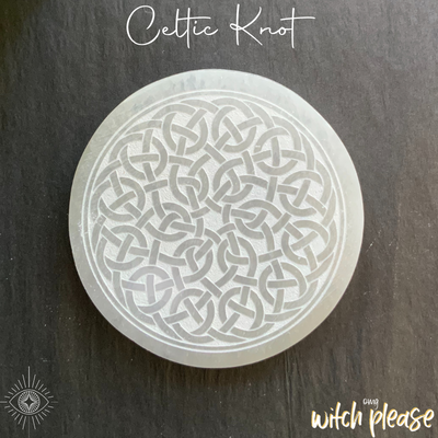 Selenite crystal charging plate engraved with a celtic knot